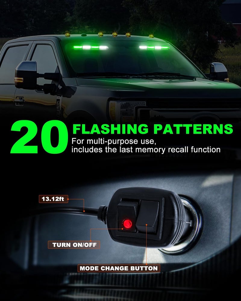HLauto 6Z4J Emergency Dash Strobe Lights: 2x16.8 inch Green White Safety Lights, 48 LED Flashing Warning Hazard Interior Windshield Visor Traffic Light Bar for Trucks, Construction Vehicles - Image 4